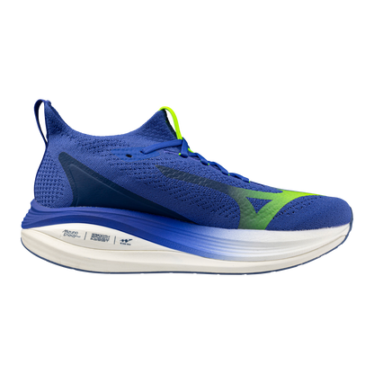 Blue running shoe with green accents on a white background