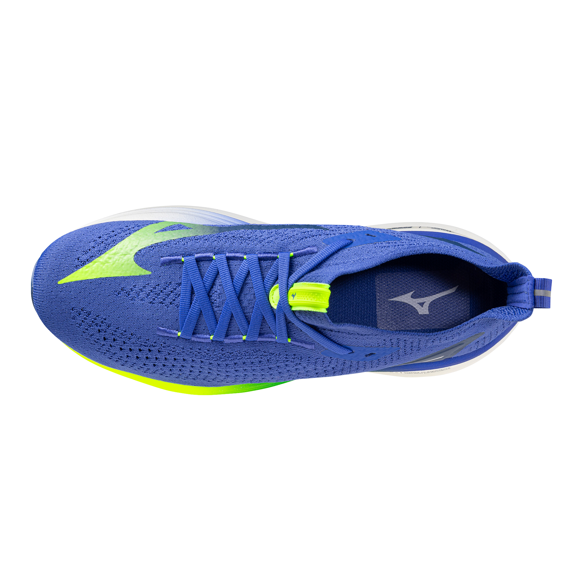Blue running shoe with green accents on a white background
