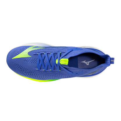 Blue running shoe with green accents on a white background