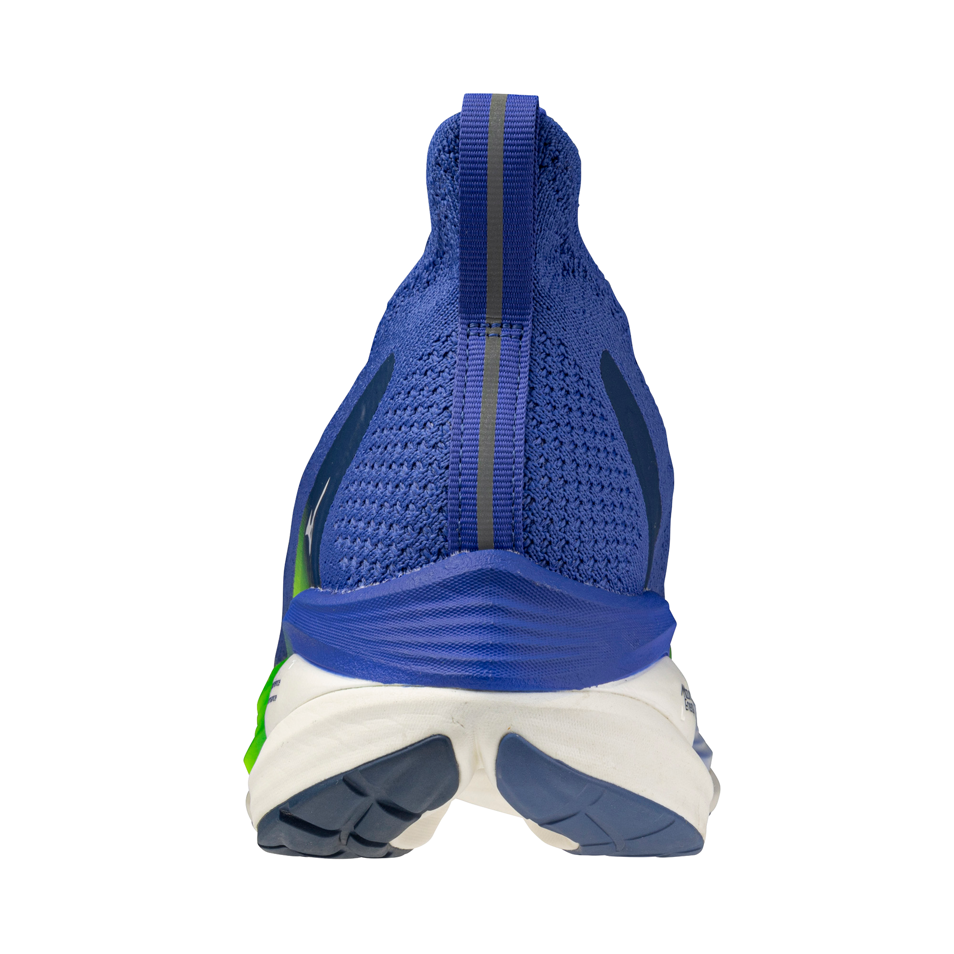 Blue running shoe with white sole on a white background