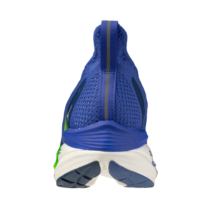 Blue running shoe with white sole on a white background