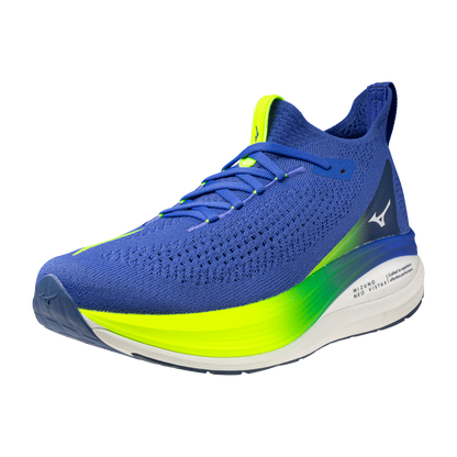 Blue and green running shoe on a white background
