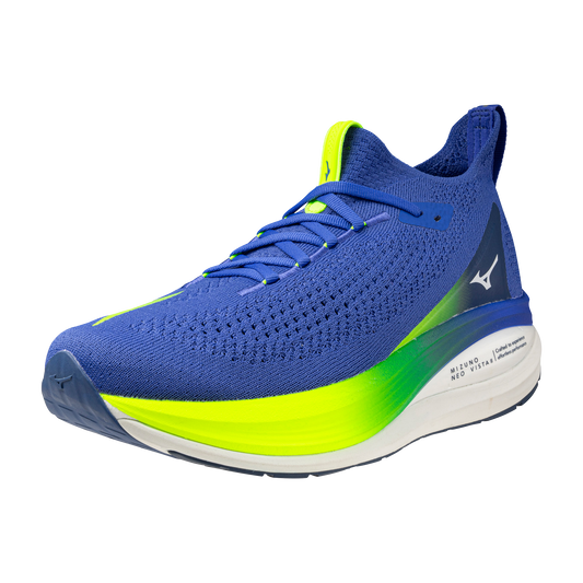 Blue and green running shoe on a white background
