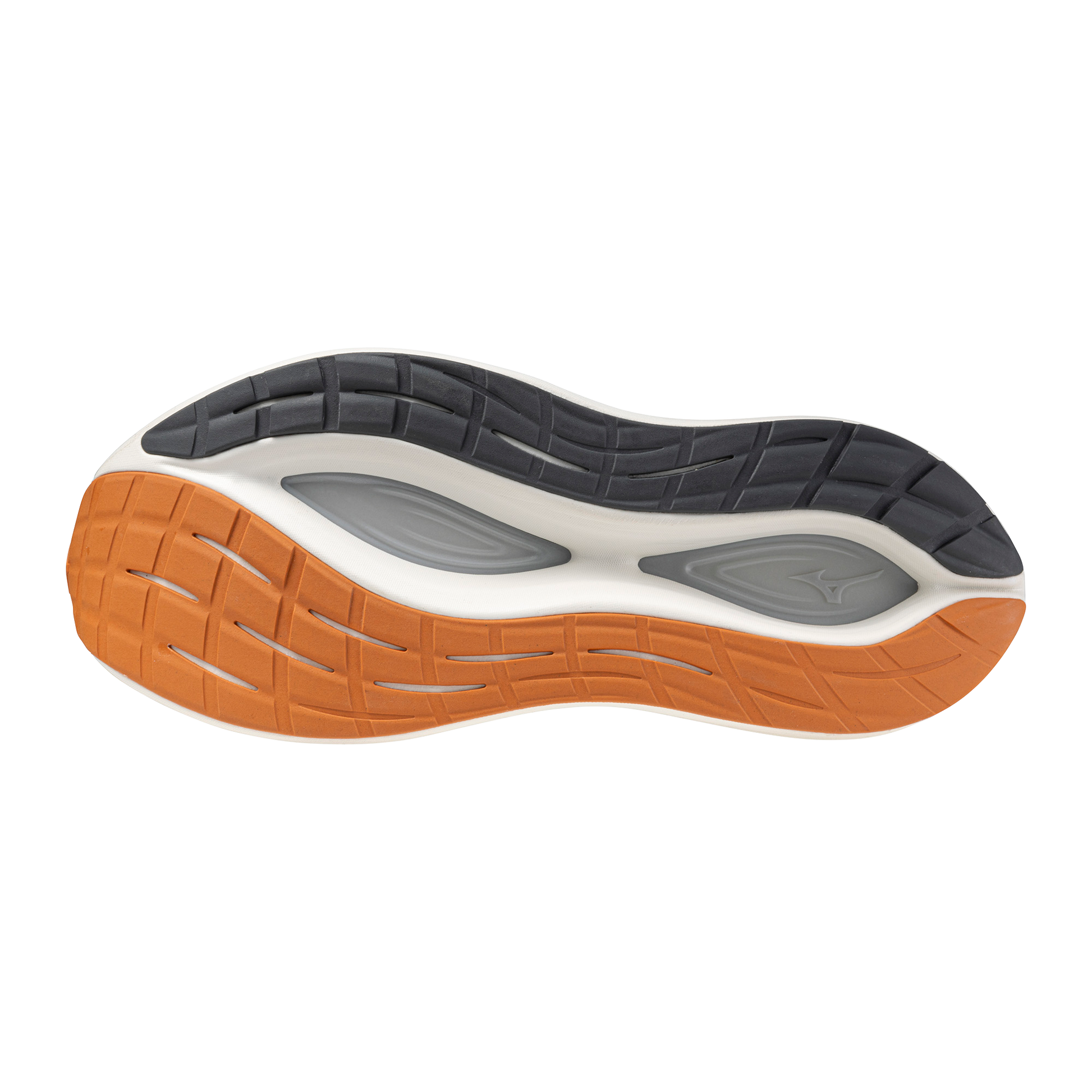 Close-up of a shoe sole with brown, gray, and white color pattern on a white background