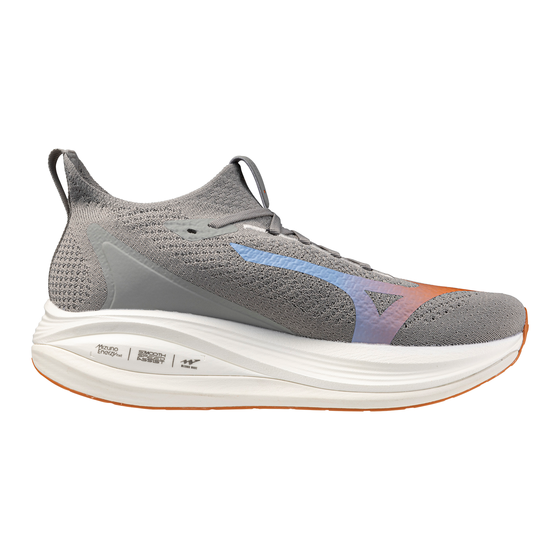 Gray running shoe with a white sole on a white background