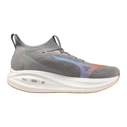 Gray running shoe with a white sole on a white background