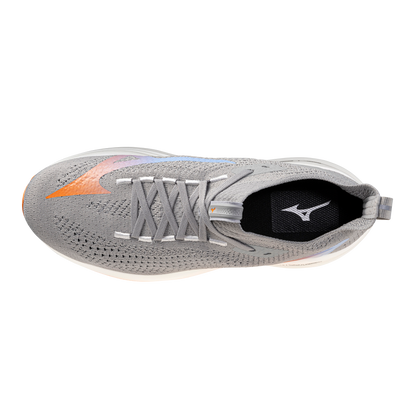 Gray running shoe with brand logo on a white background