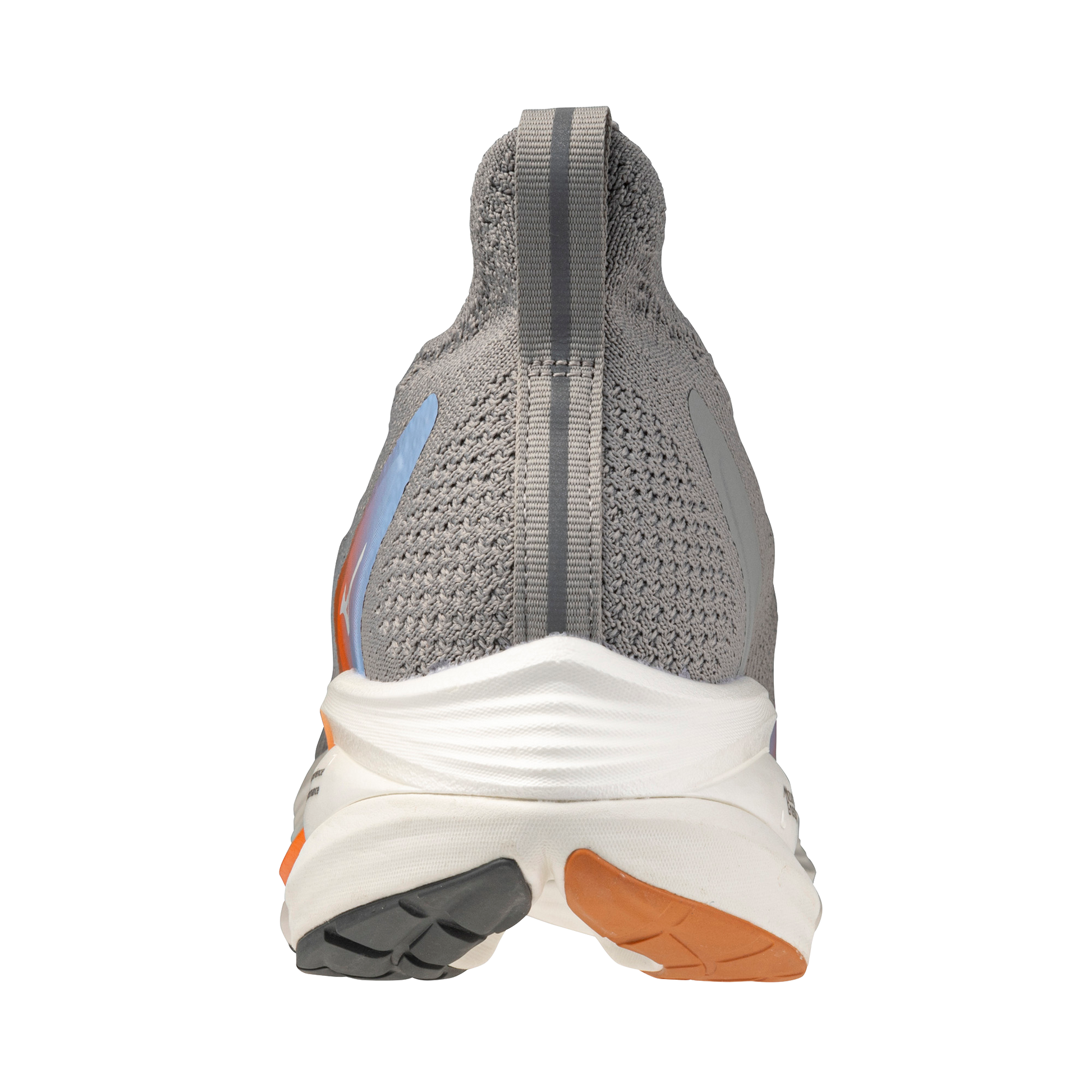 Gray running shoe with a white sole on a white background