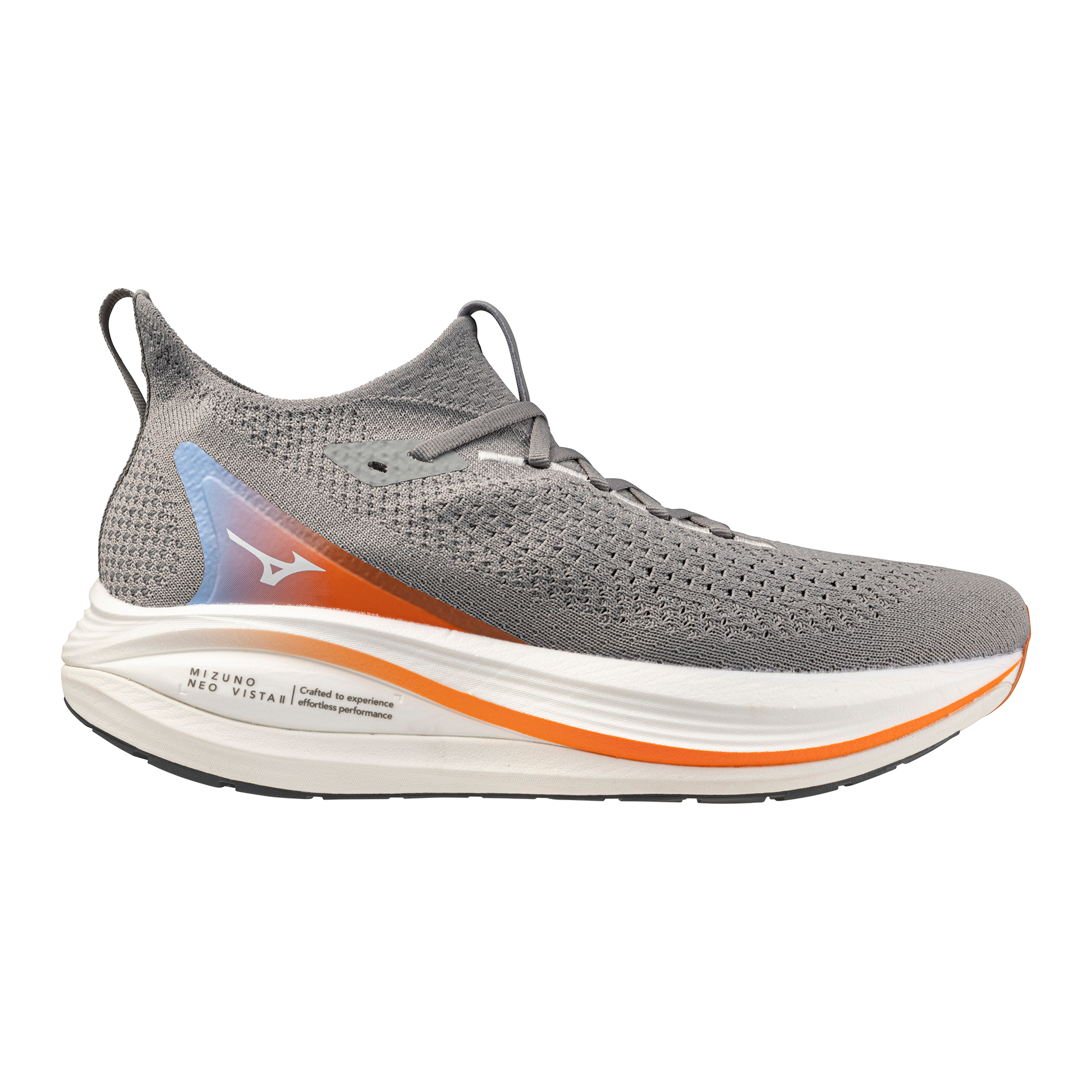 Gray running shoe with orange accents on a white background