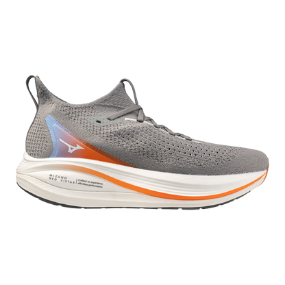 Gray running shoe with orange accents on a white background