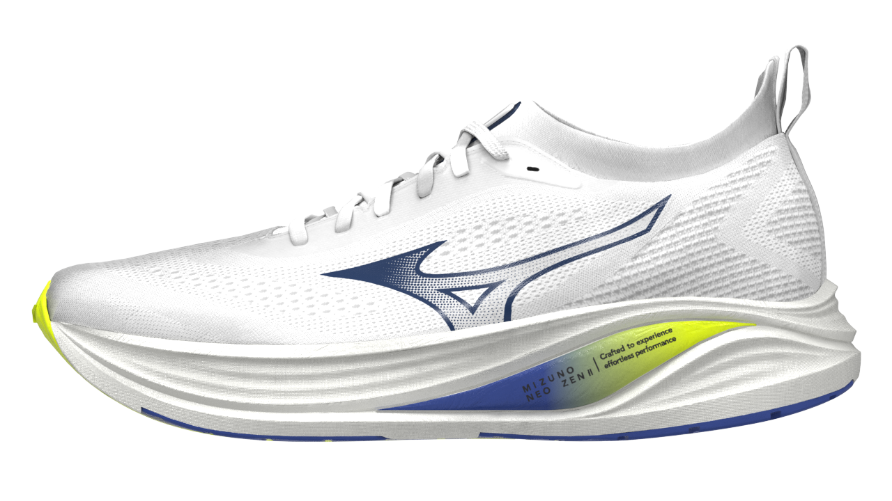 White running shoe with blue logo on a white background