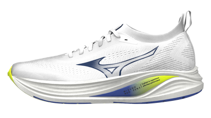 White running shoe with blue logo on a white background