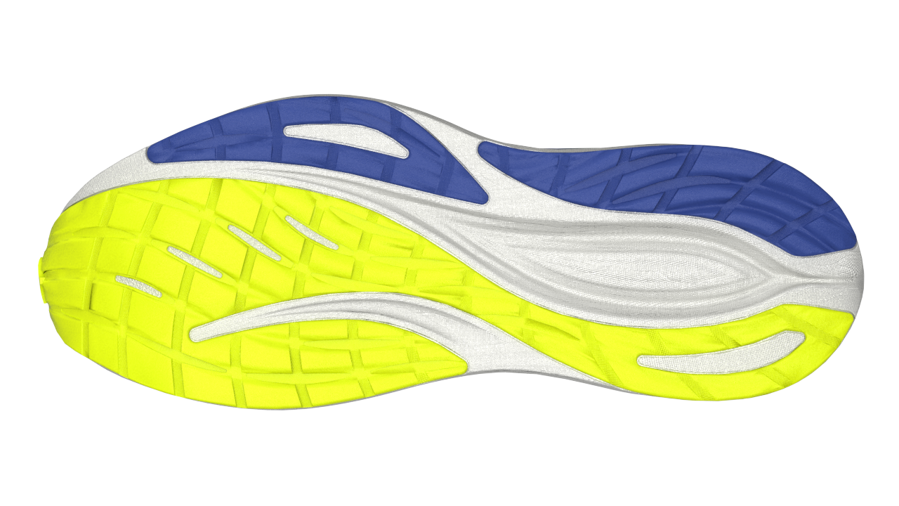 Close-up of a running shoe sole with blue, white, and yellow colors on a white background