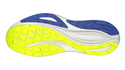 Close-up of a running shoe sole with blue, white, and yellow colors on a white background