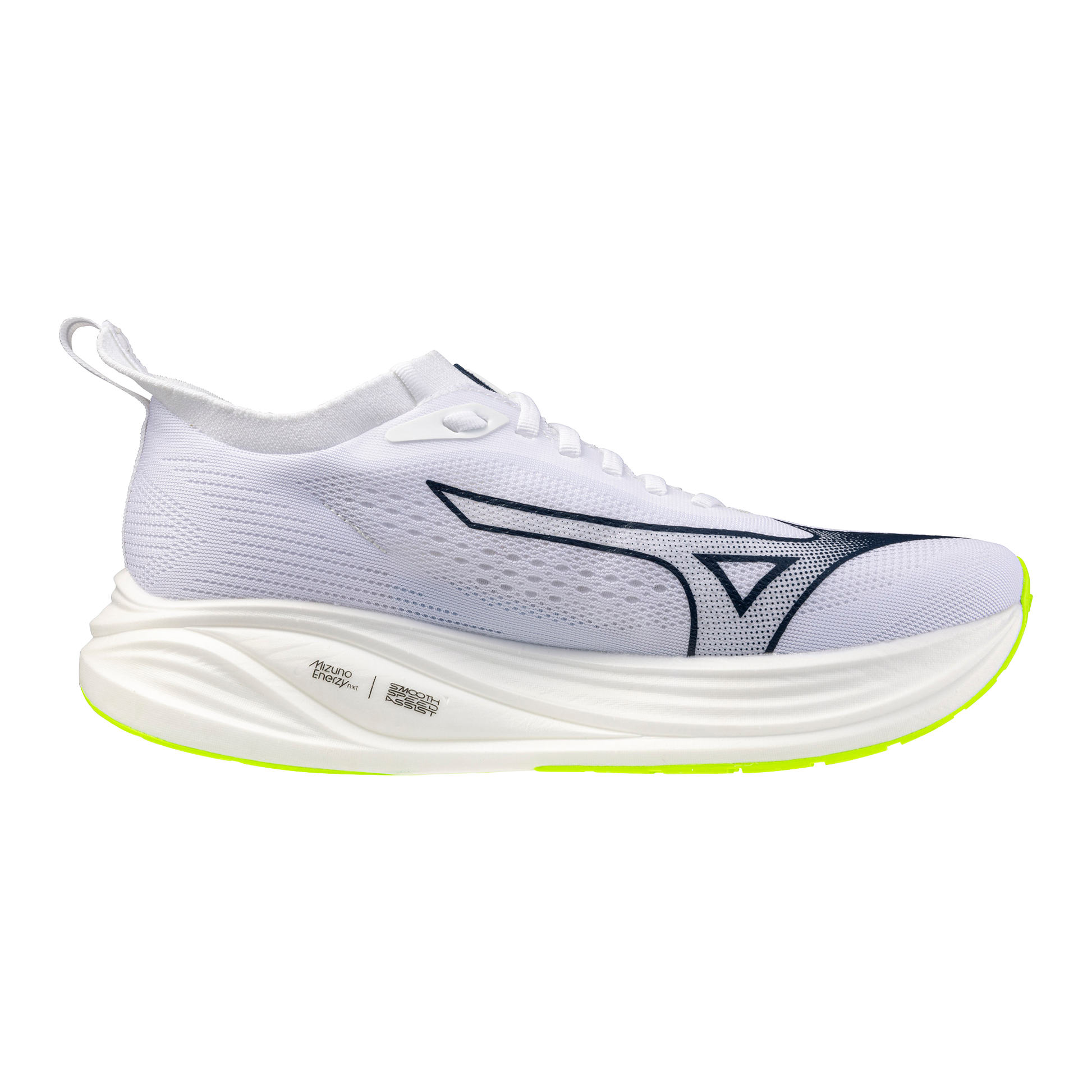 White running shoe with a brand logo on a white background