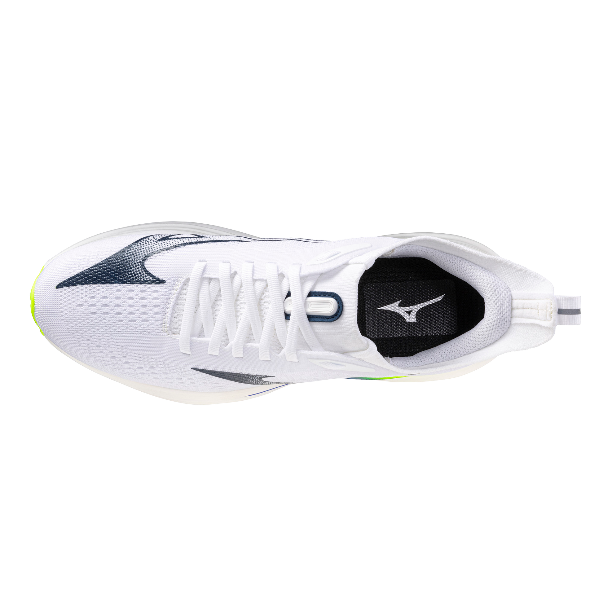 White running shoe with black sole on a white background