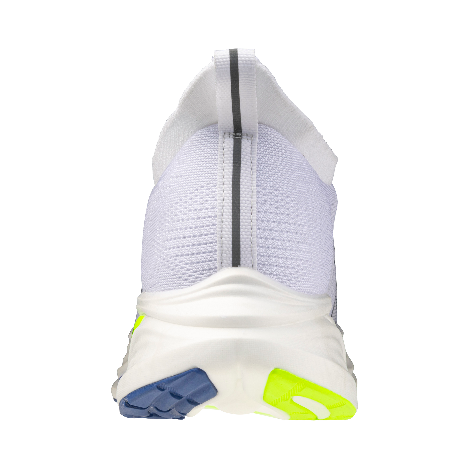 Back view of a white athletic shoe with colorful sole on a white background
