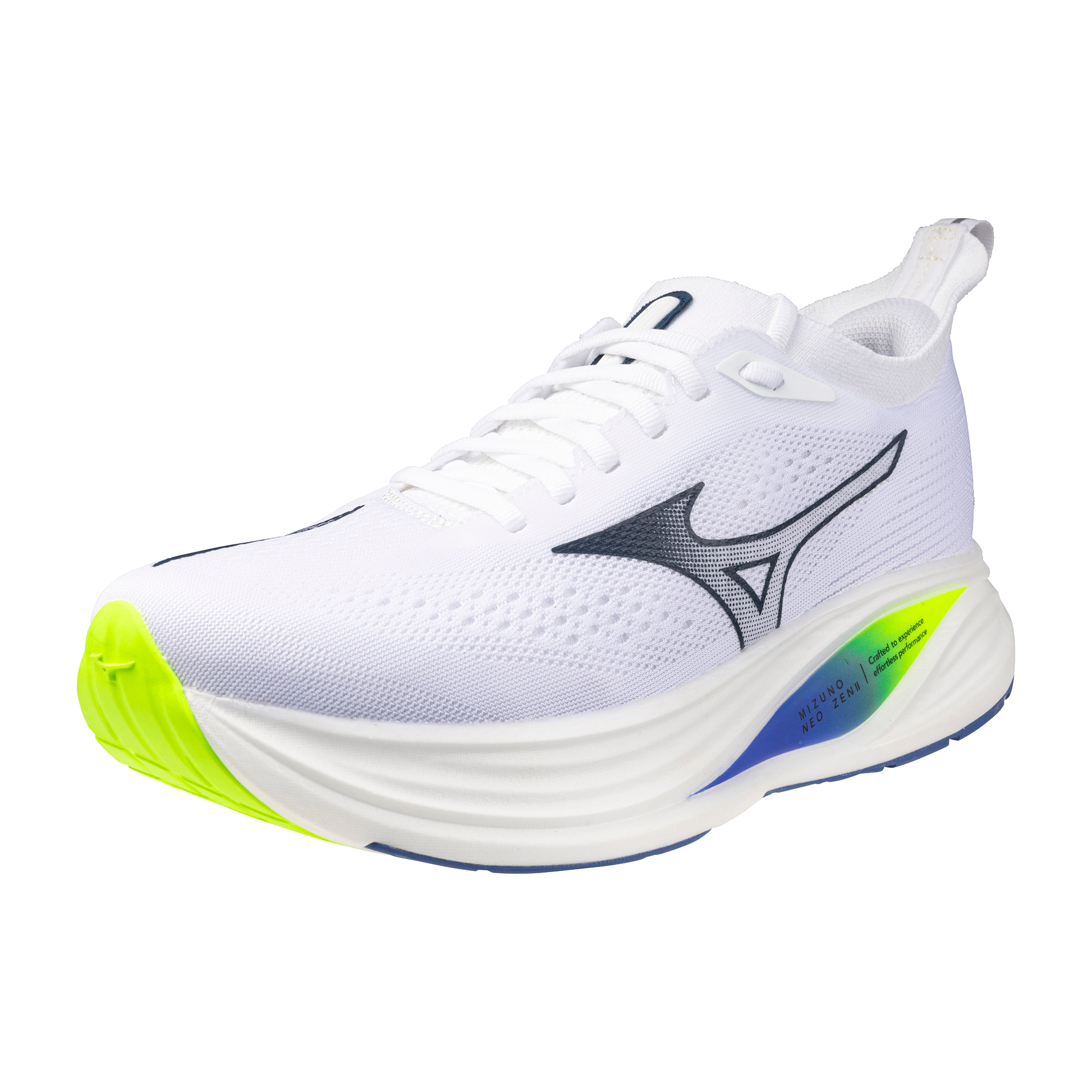 White running shoe with a distinctive logo on a white background