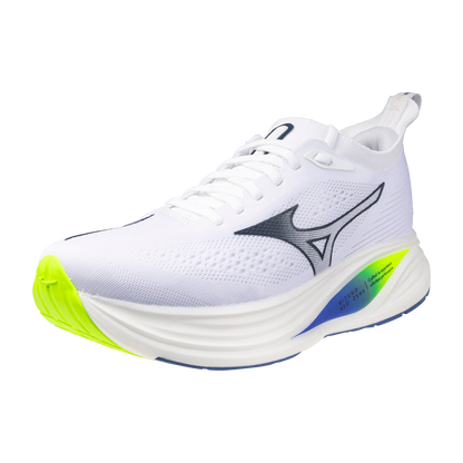 White running shoe with a distinctive logo on a white background