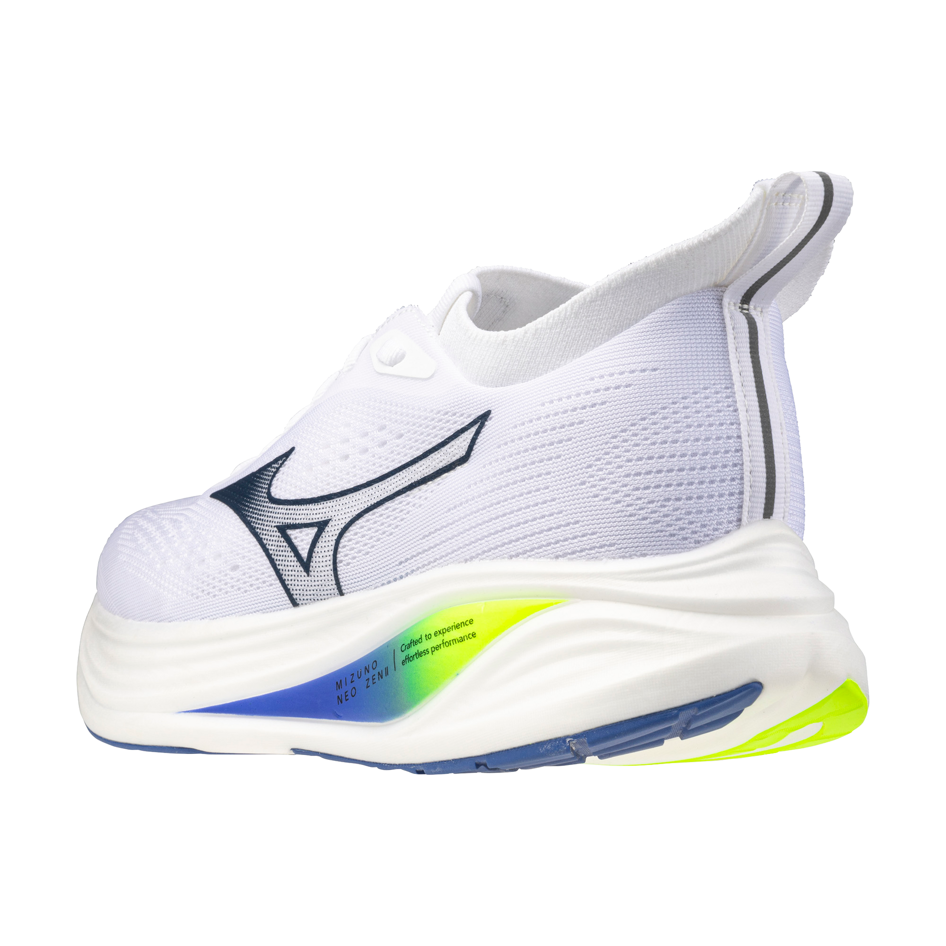 White running shoe with colorful sole on a white background