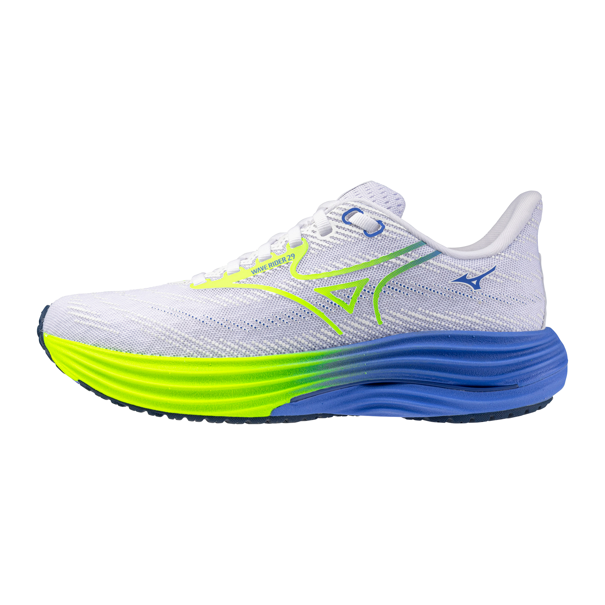 White running shoe with blue and green sole on a white background