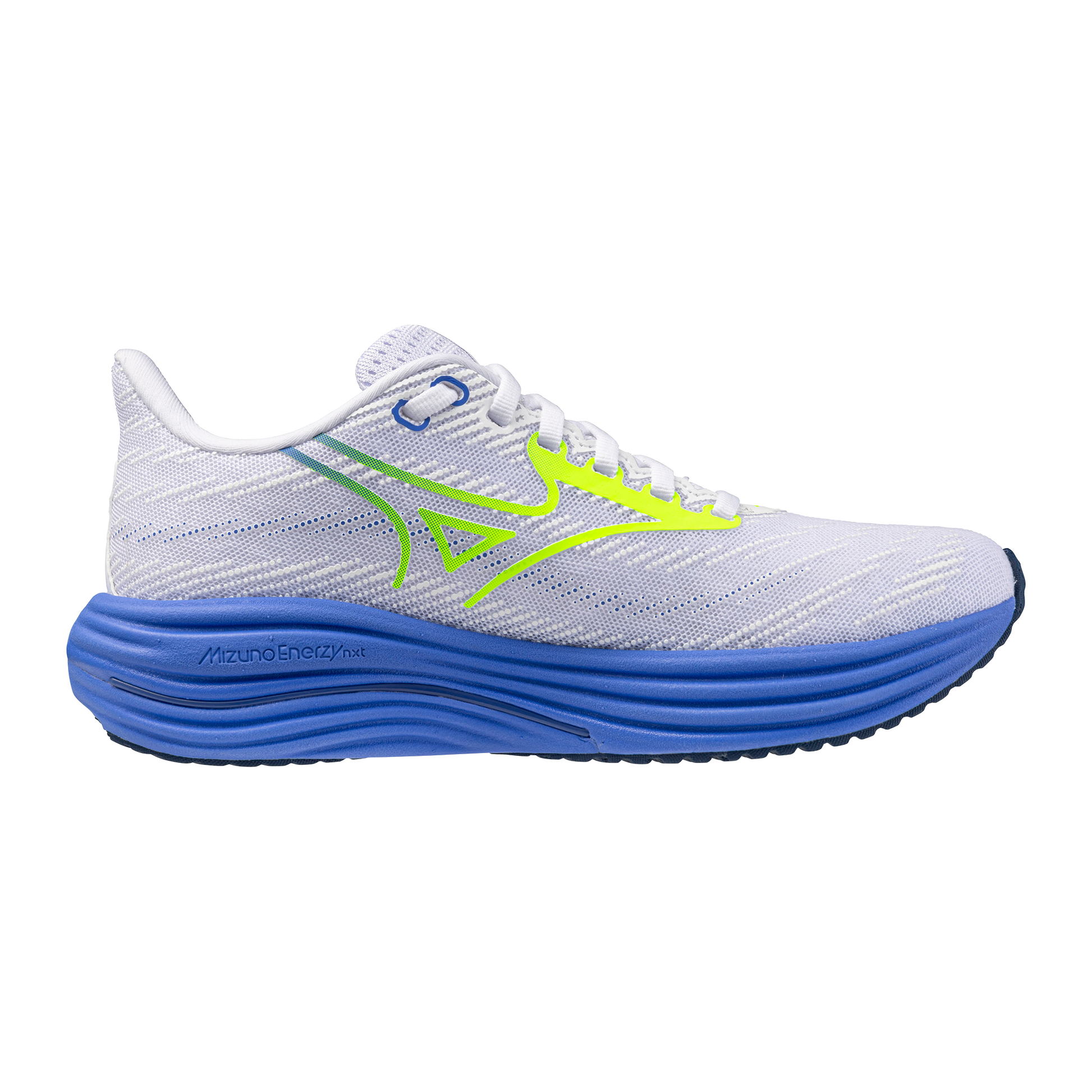 White running shoe with blue sole and neon green logo on a white background