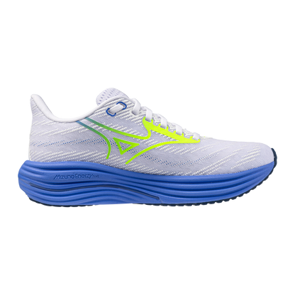 White running shoe with blue sole and neon green logo on a white background