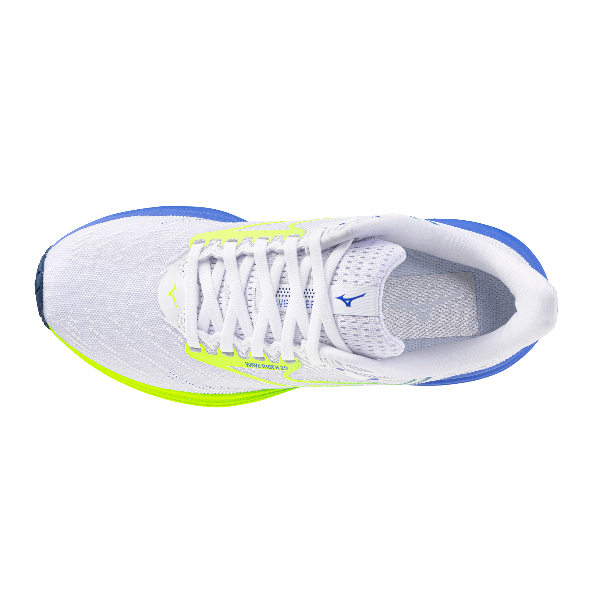 White running shoe with blue and yellow accents on a white background