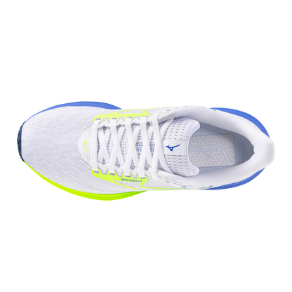 White running shoe with blue and yellow accents on a white background