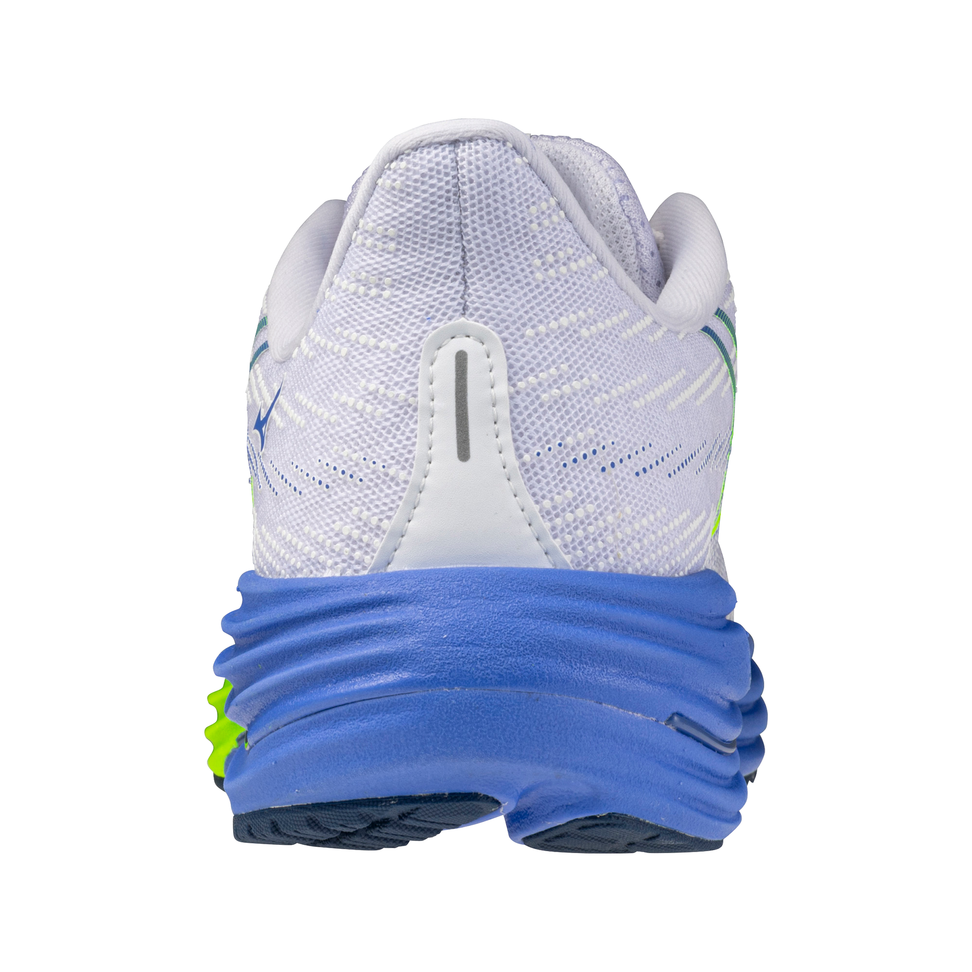 White running shoe with blue sole on a white background