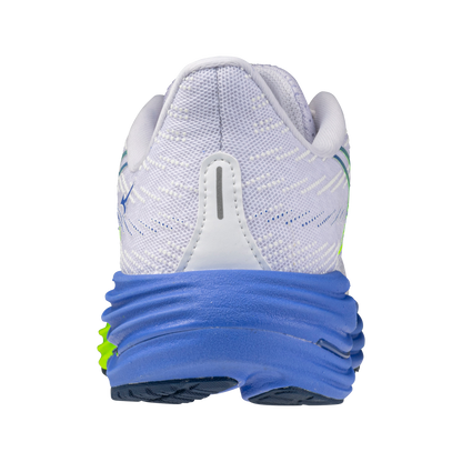 White running shoe with blue sole on a white background
