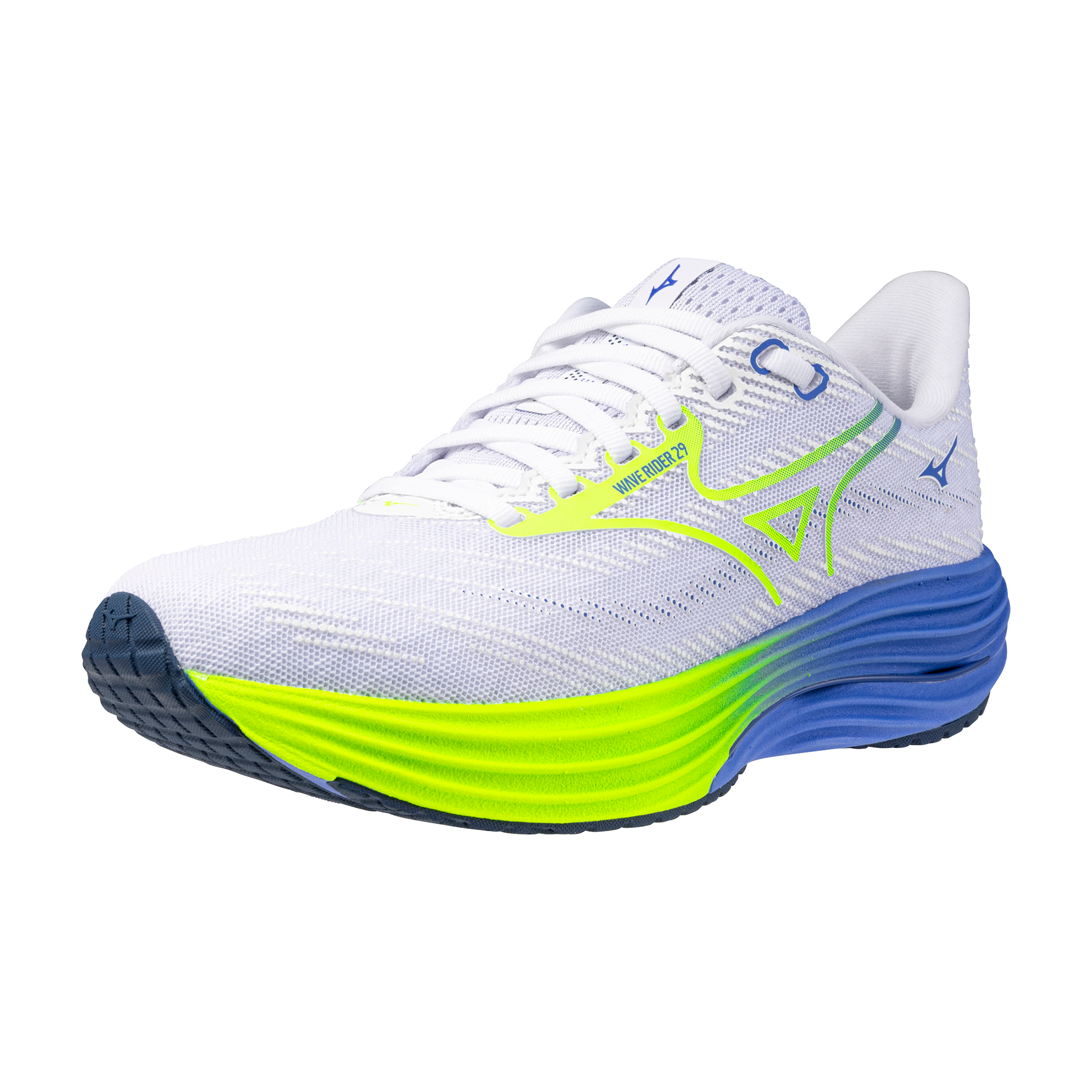 White running shoe with blue and green sole on a white background