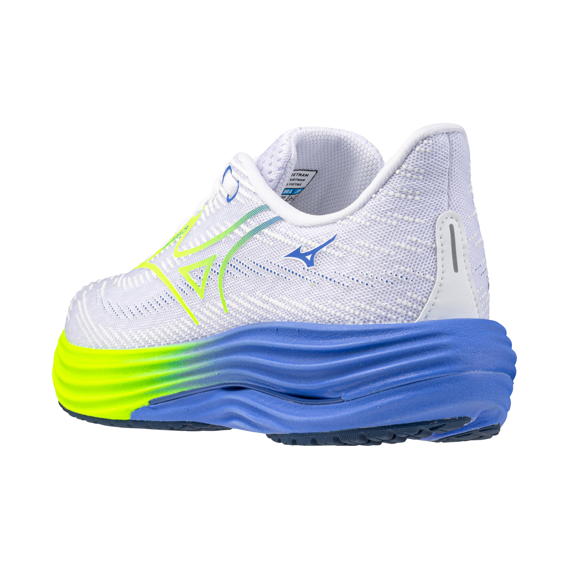 White running shoe with blue and green sole on a white background