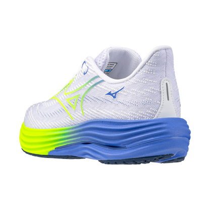 White running shoe with blue and green sole on a white background