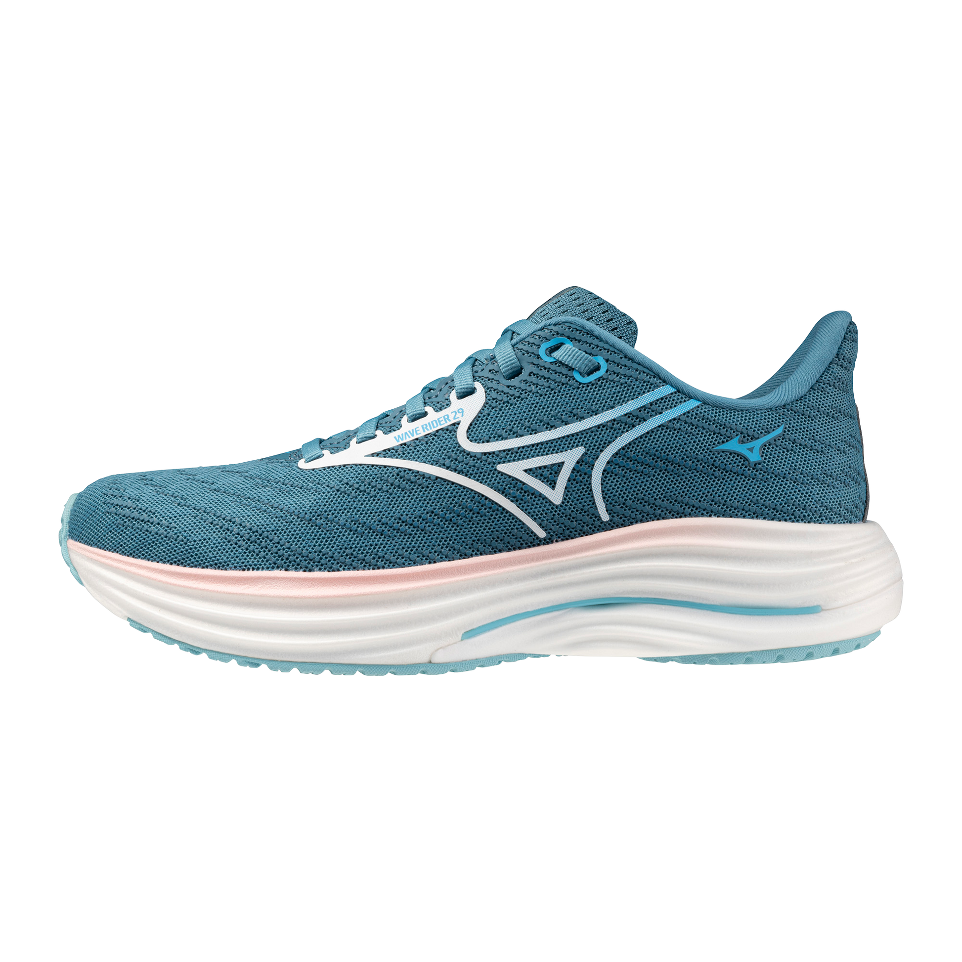Blue running shoe with white sole on a white background