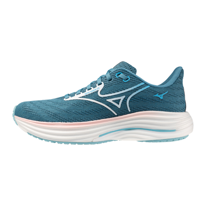 Blue running shoe with white sole on a white background
