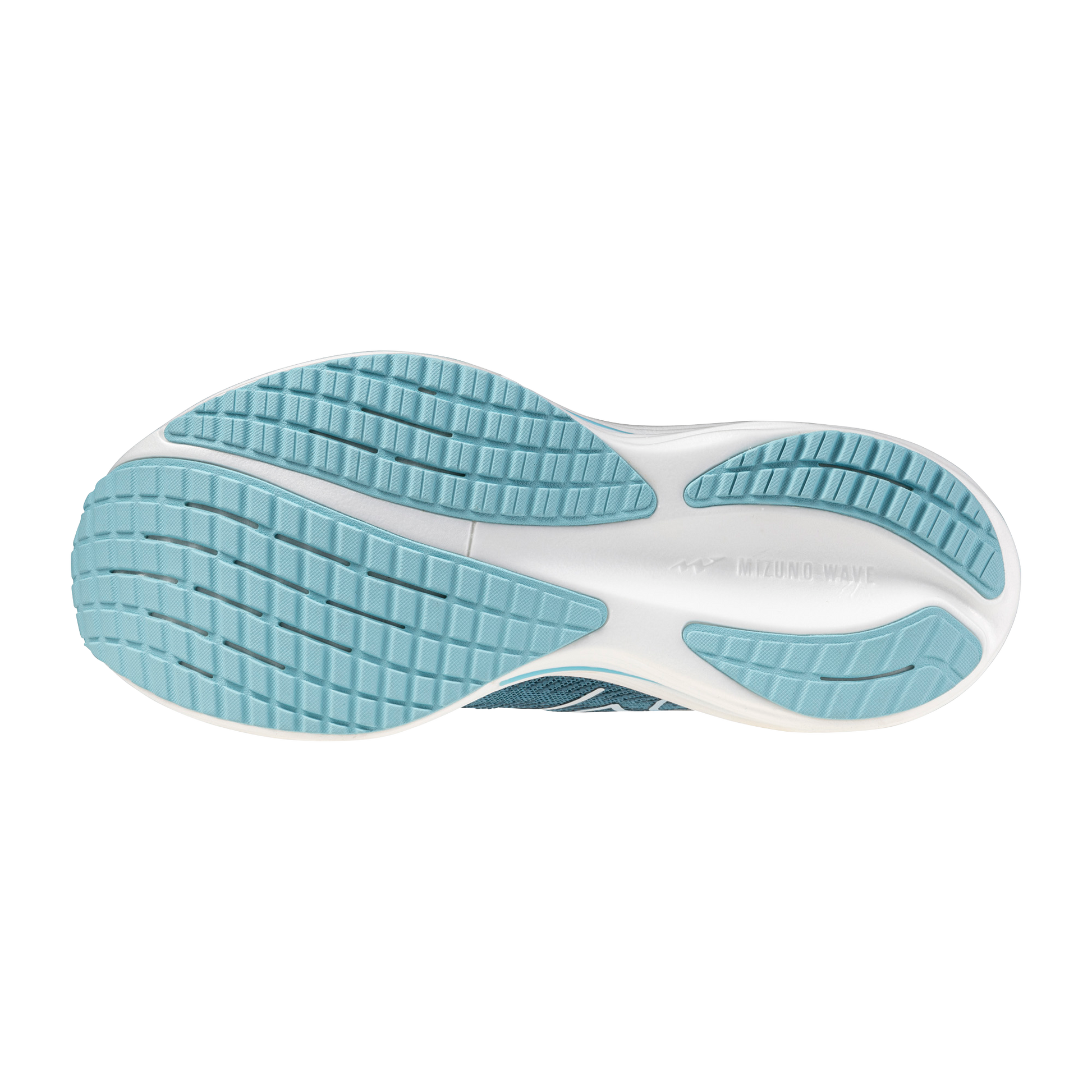 Close-up of a shoe sole with blue and white tread pattern on a white background