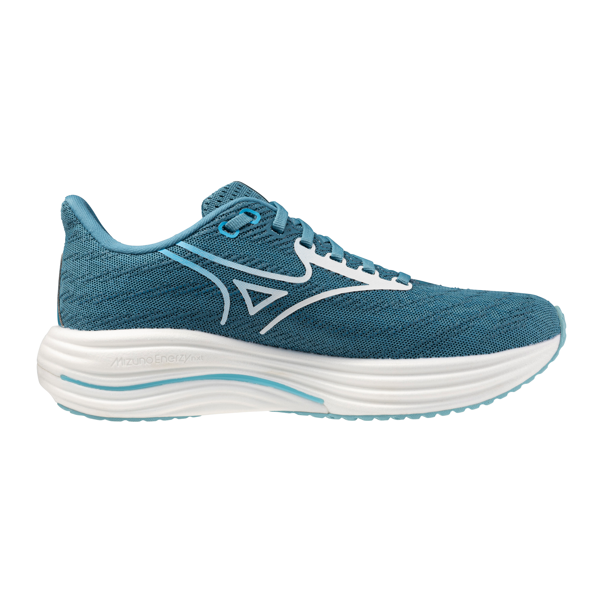 Blue running shoe with white sole on a white background