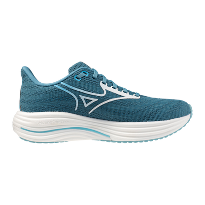 Blue running shoe with white sole on a white background