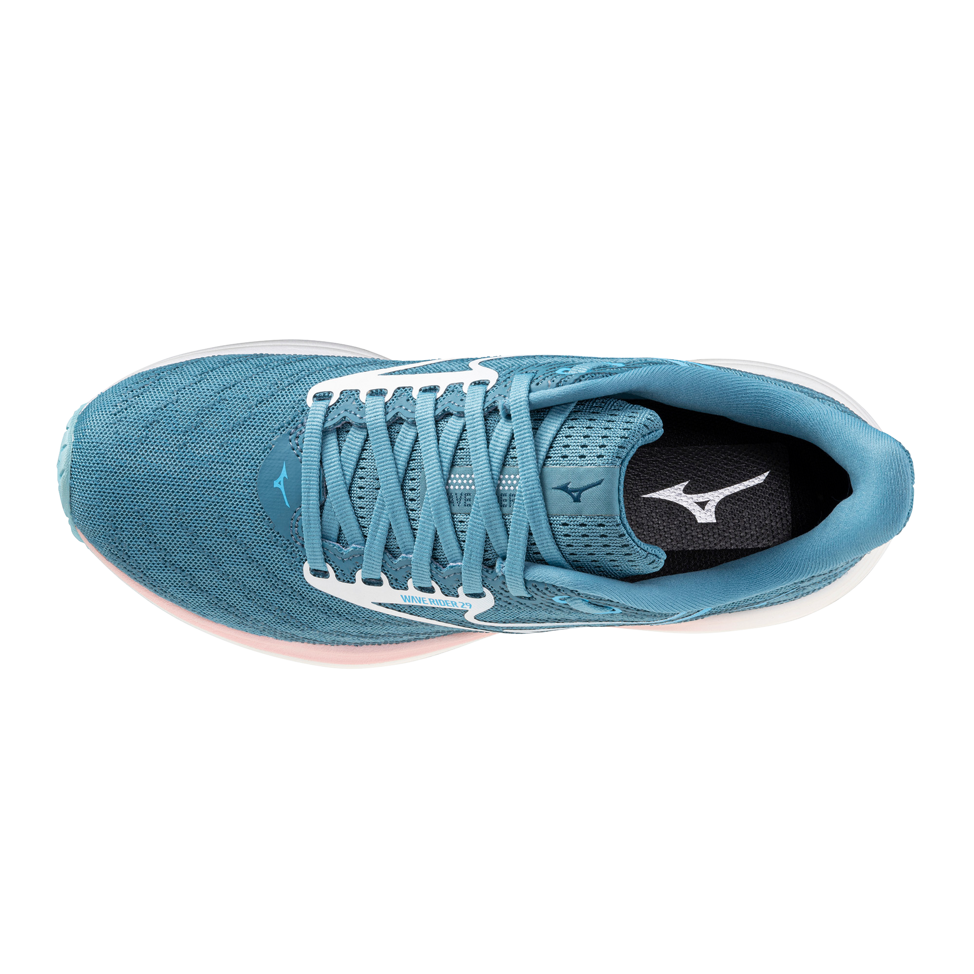Blue running shoe with white laces on a white background