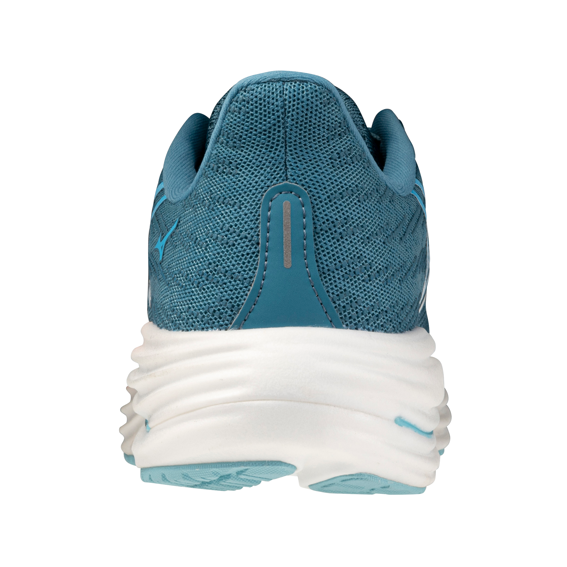Blue running shoe with white sole on a white background