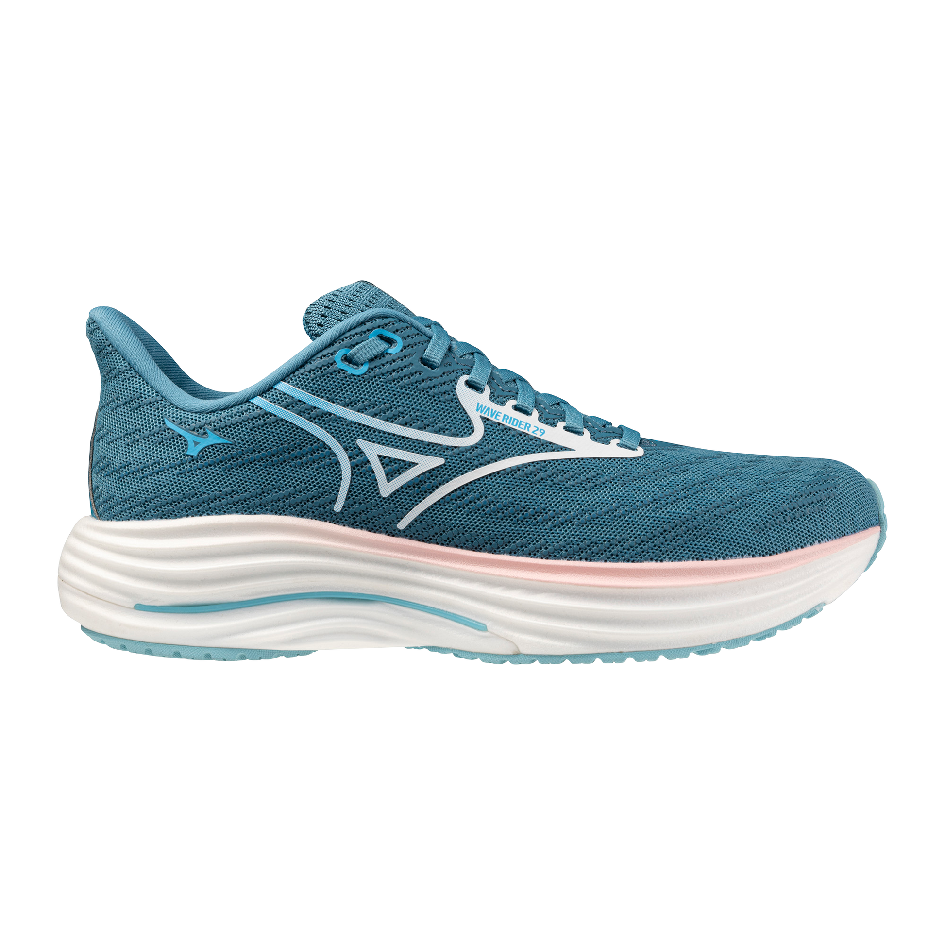 Blue running shoe with white sole on a white background