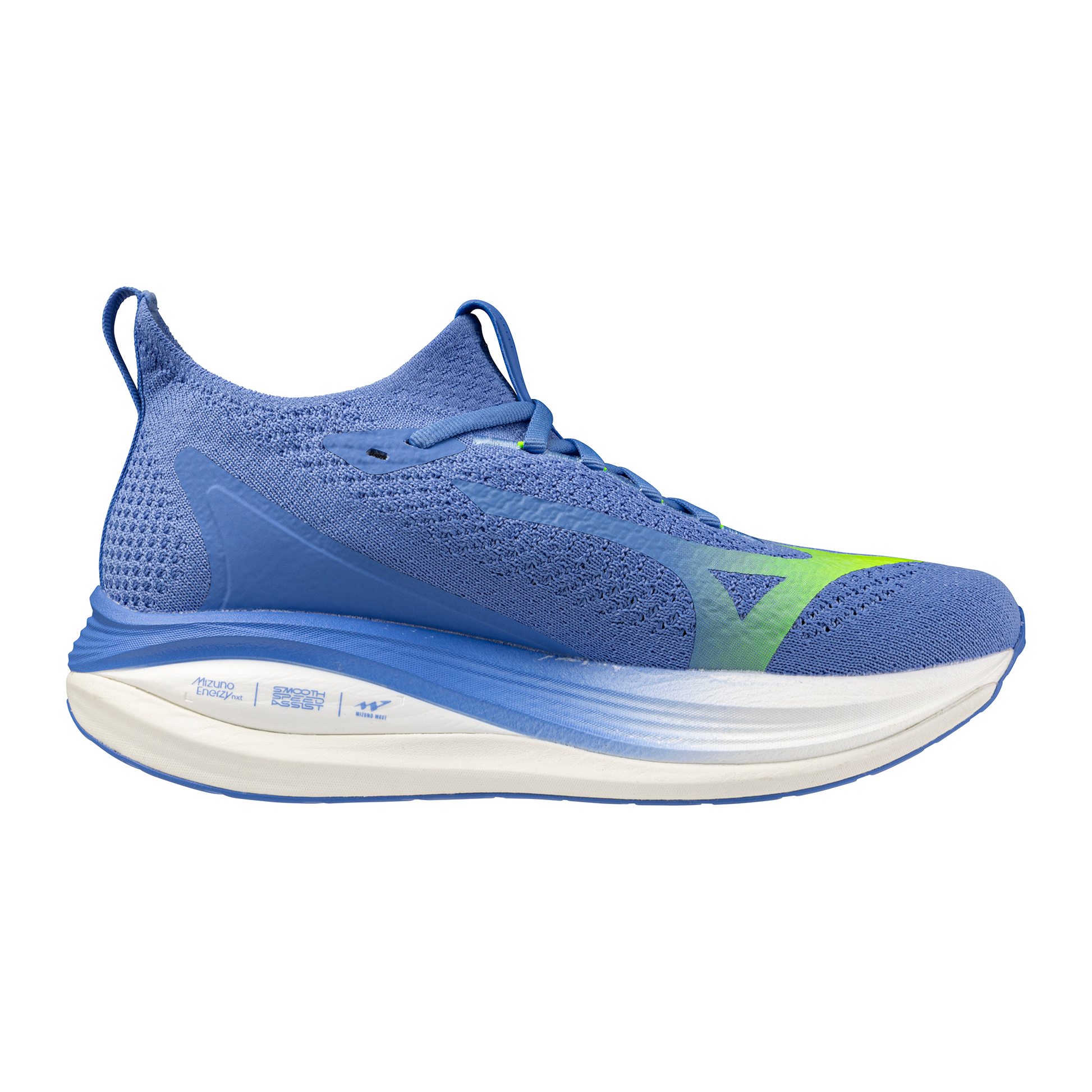 Blue running shoe with a white sole on a white background