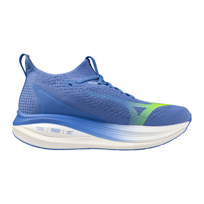 Blue running shoe with a white sole on a white background