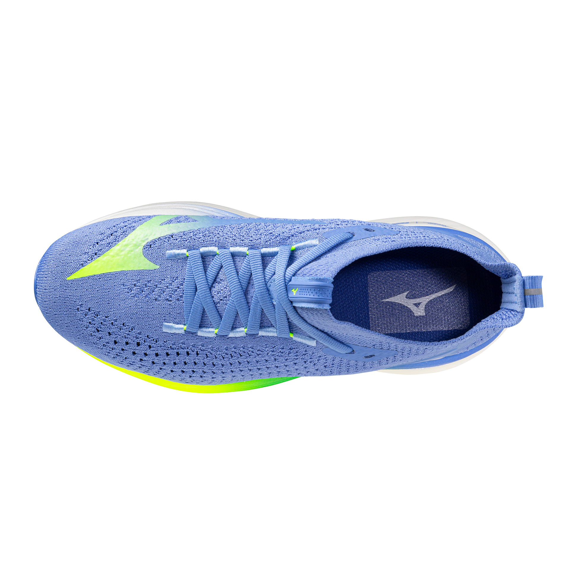 Blue running shoe with green accents on a white background