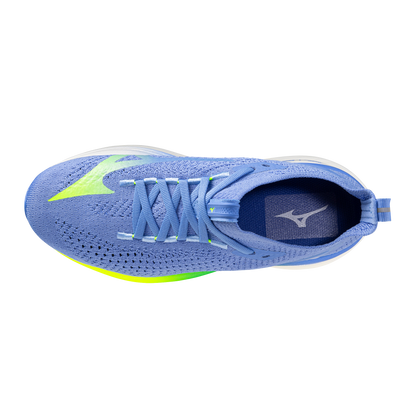 Blue running shoe with green accents on a white background