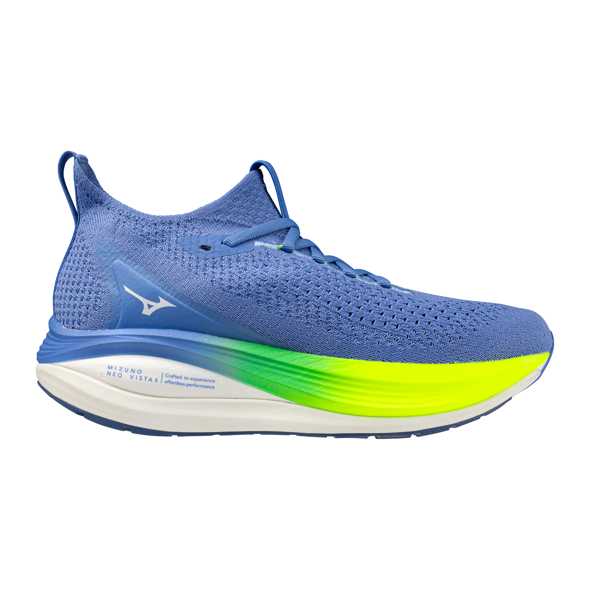 Blue running shoe with a green sole on a white background