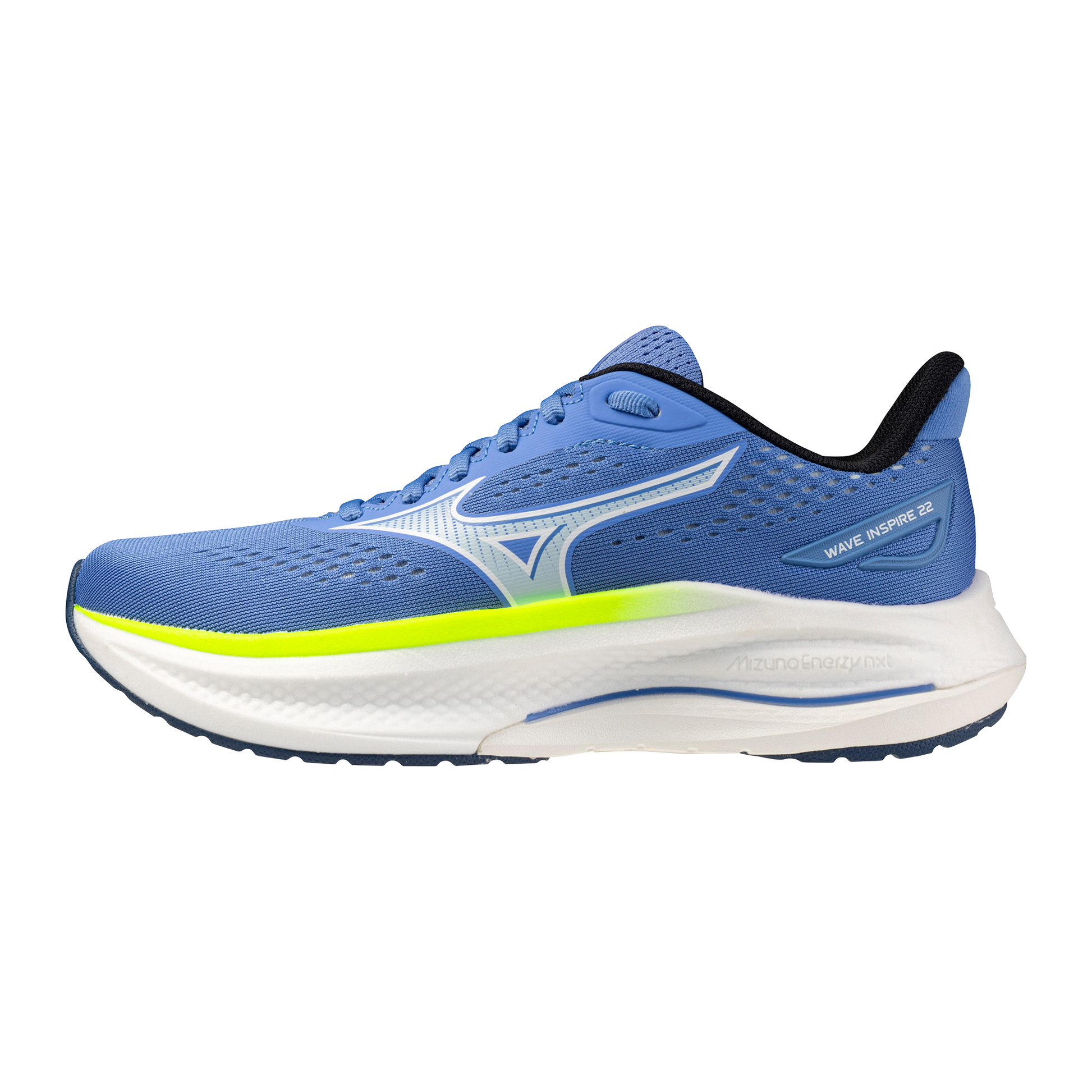 Blue running shoe with white sole on a white background