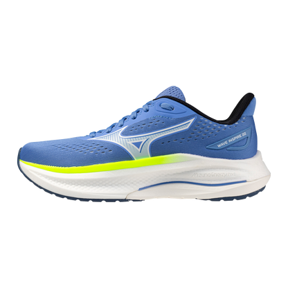 Blue running shoe with white sole on a white background