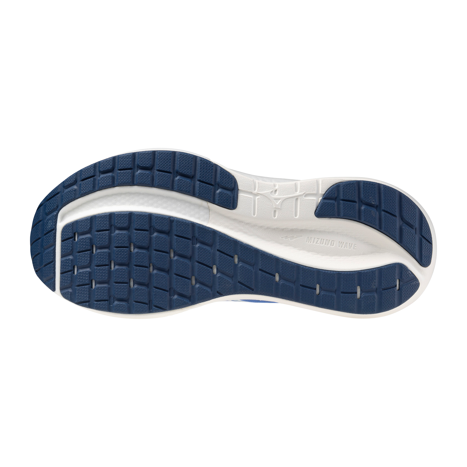 Close-up of a shoe sole with blue tread pattern on a white background